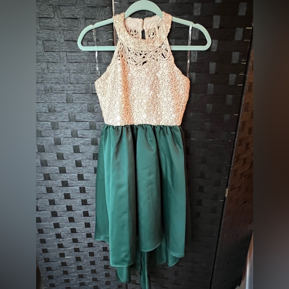 Rare Editions Girl’s Gold and Pine Green Hi Low Halter Dress
